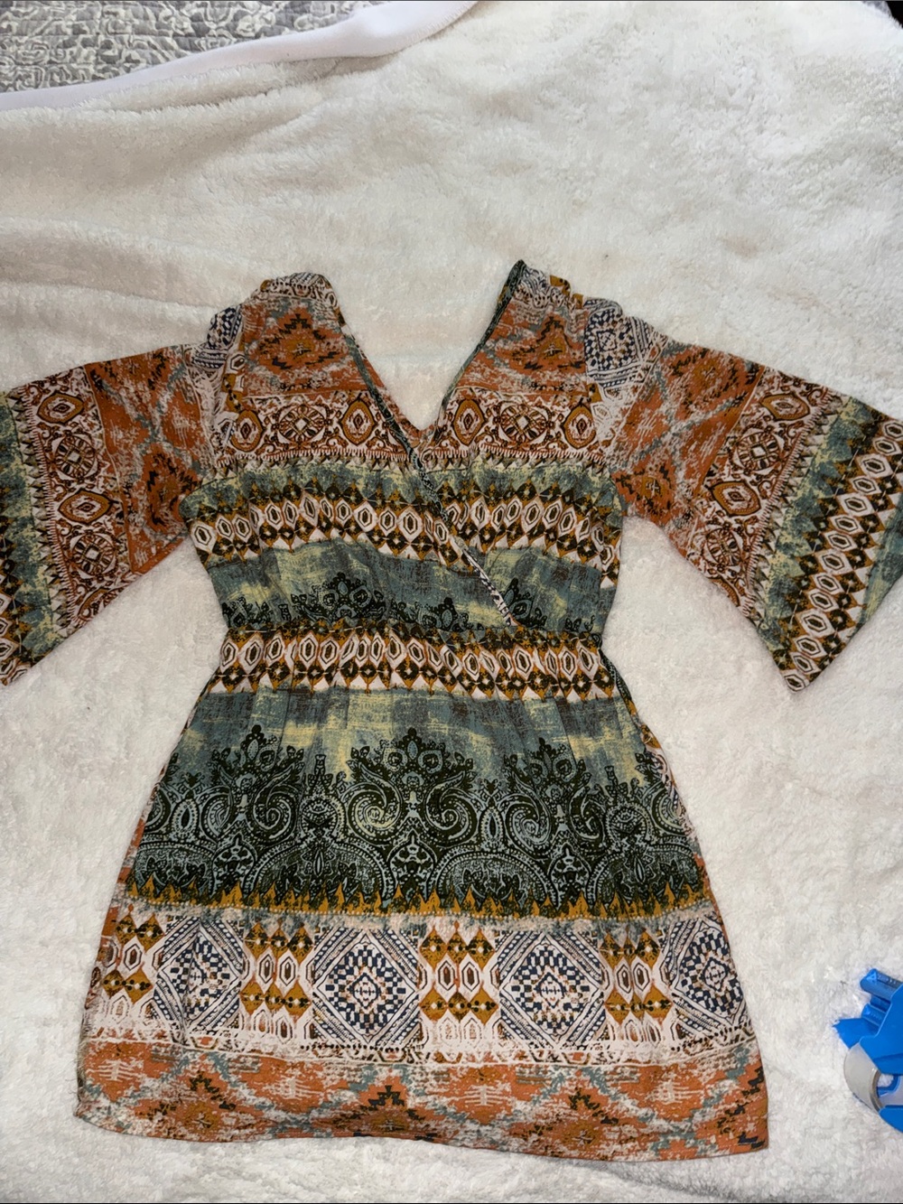Pink Owl Boho Mixed-Print Mini Dress in Rust, Olive & Cream